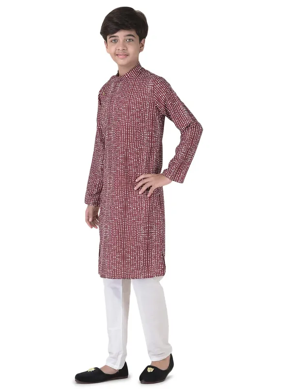Maroon_Cotton_Full_Sleeve_Regular_Fit_Printed_Kurta_Churidar_For_Kids