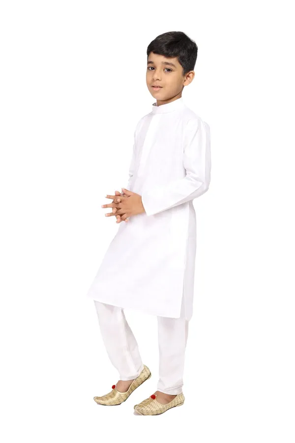 White_Cotton_Full_Sleeve_Regular_Fit_Plain_Kurta_Churidar_For_Kids