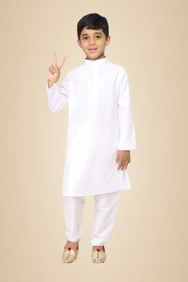 White_Cotton_Full_Sleeve_Regular_Fit_Plain_Kurta_Churidar_For_Kids