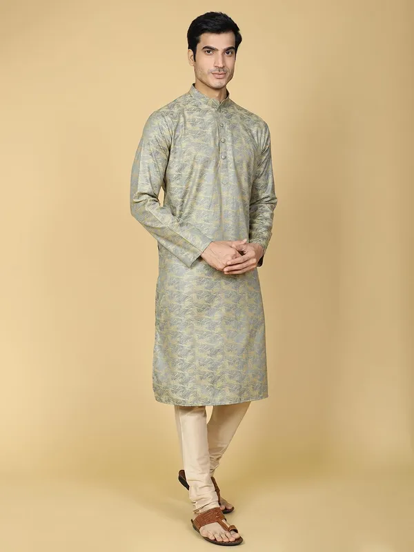 Blue_Cotton_Full_Sleeves_Regular_Jacquard_Kurta_Set_For_Men