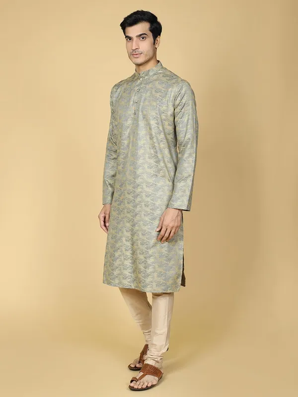 Blue_Cotton_Full_Sleeves_Regular_Jacquard_Kurta_Set_For_Men