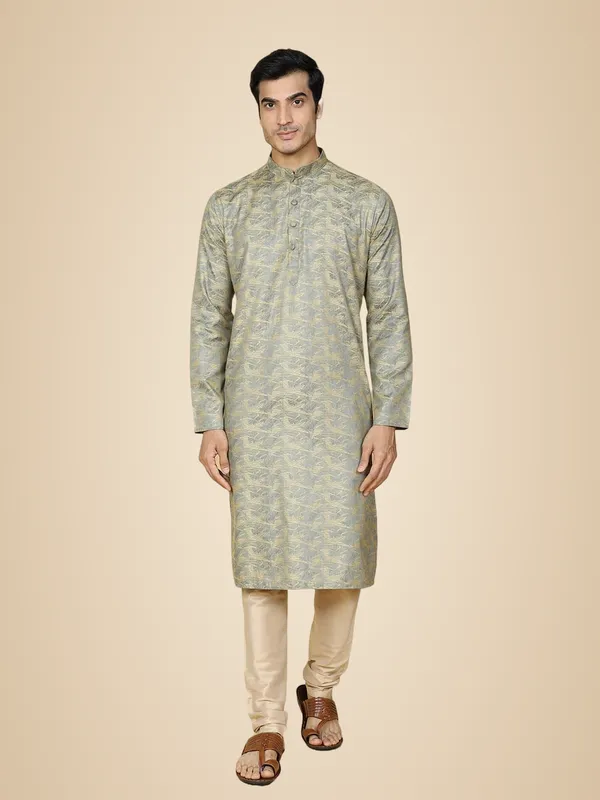 Blue_Cotton_Full_Sleeves_Regular_Jacquard_Kurta_Set_For_Men