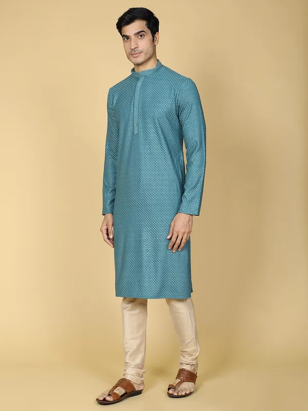 Green_Cotton_Full_Sleeve_Regular_Fit_Chikankari_Embroidery_Kurta_Set_For_Men