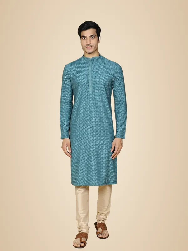 Green_Cotton_Full_Sleeve_Regular_Fit_Chikankari_Embroidery_Kurta_Set_For_Men