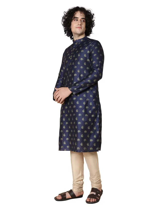 Blue_Cotton_Full_Sleeves_Regular_Printed_Kurta_Churidar_Set_For_Men