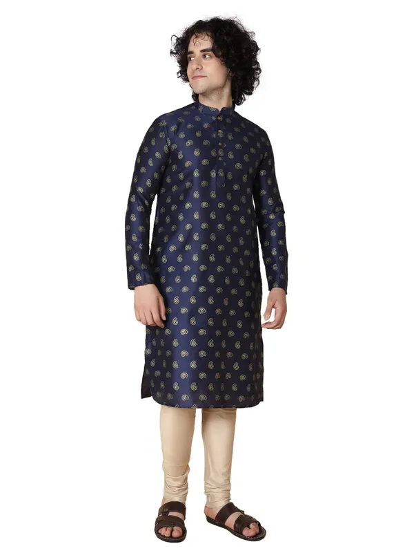 Blue_Cotton_Full_Sleeves_Regular_Printed_Kurta_Churidar_Set_For_Men