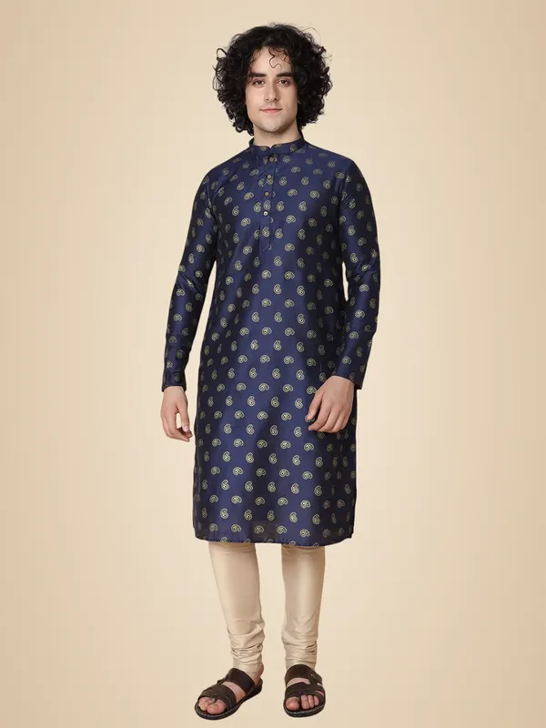 Blue_Cotton_Full_Sleeves_Regular_Printed_Kurta_Churidar_Set_For_Men