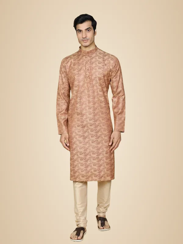 Red_Cotton_Full_Sleeves_Regular_Jacquard_Kurta_Set_For_Men