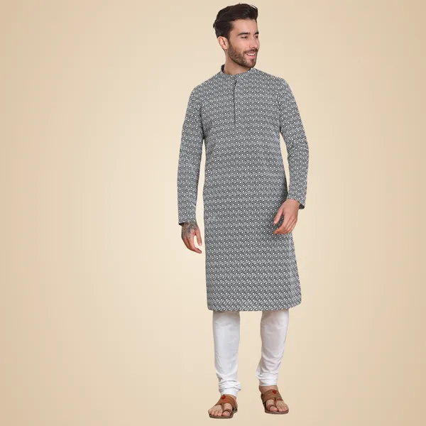 Green_Cotton_Full_Sleeves_Regular_Embroidery_Green_Kurta_Set_For_Men