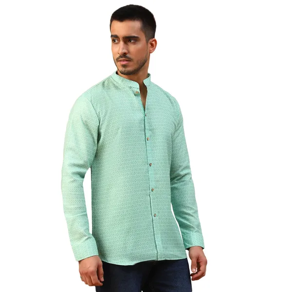 Green_Cotton_Full_Sleeve_Regular_Fit_Printed_Short_Kurta_For_Men
