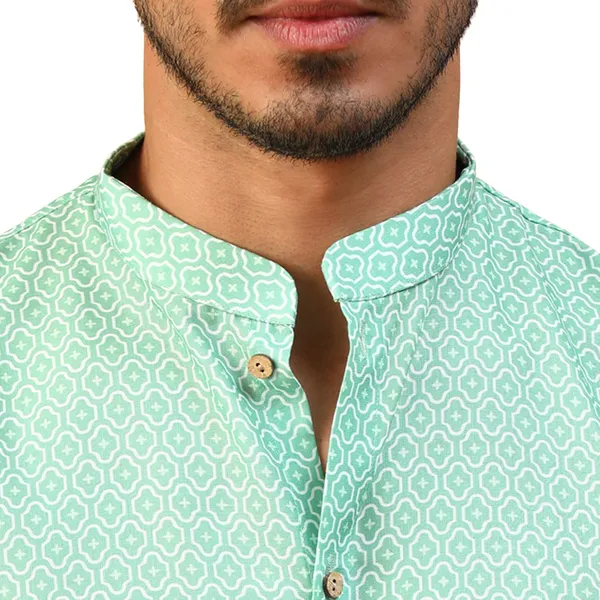 Green_Cotton_Full_Sleeve_Regular_Fit_Printed_Short_Kurta_For_Men