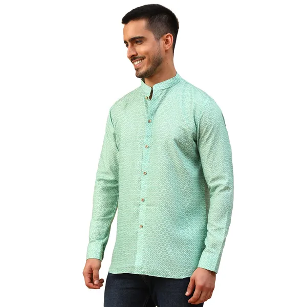 Green_Cotton_Full_Sleeve_Regular_Fit_Printed_Short_Kurta_For_Men