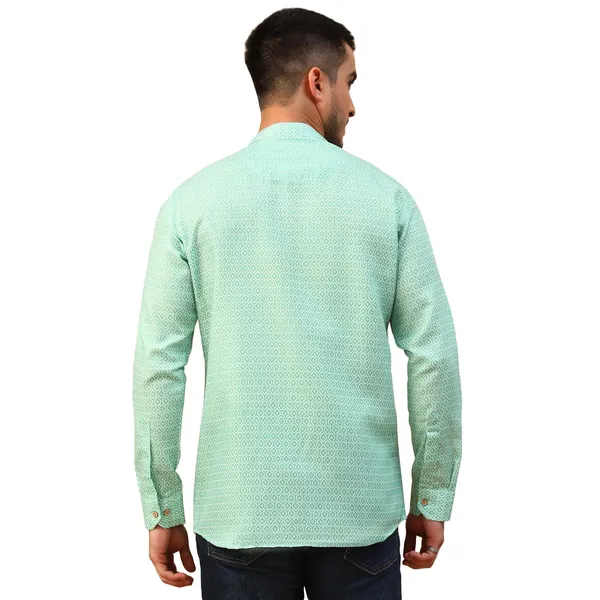 Green_Cotton_Full_Sleeve_Regular_Fit_Printed_Short_Kurta_For_Men