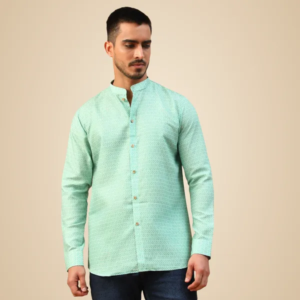 Green_Cotton_Full_Sleeve_Regular_Fit_Printed_Short_Kurta_For_Men