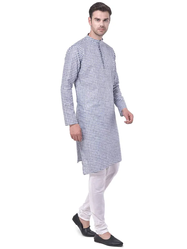 Blue_Cotton_Linen_Full_Sleeves_Regular_Checks_Kurta_Set_For_Men