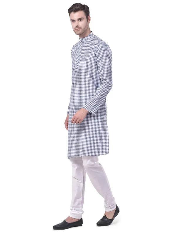 Blue_Cotton_Linen_Full_Sleeves_Regular_Checks_Kurta_Set_For_Men