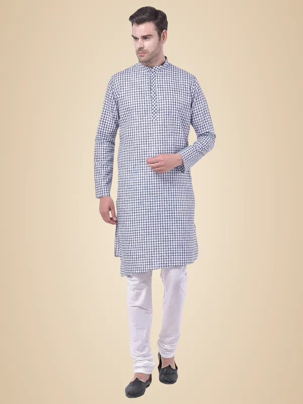 Blue_Cotton_Linen_Full_Sleeves_Regular_Checks_Kurta_Set_For_Men