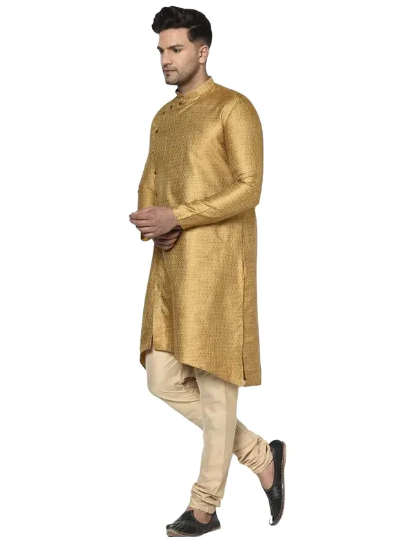 Orange_Jacquard_Full_Sleeve_Regular_Printed_Kurta_Churidar_Set_For_Men