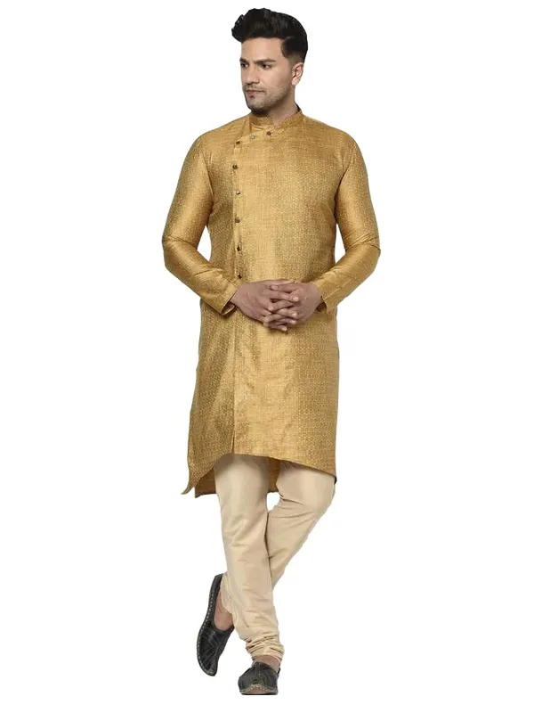 Orange_Jacquard_Full_Sleeve_Regular_Printed_Kurta_Churidar_Set_For_Men
