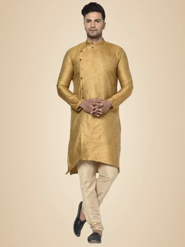Orange_Jacquard_Full_Sleeve_Regular_Printed_Kurta_Churidar_Set_For_Men