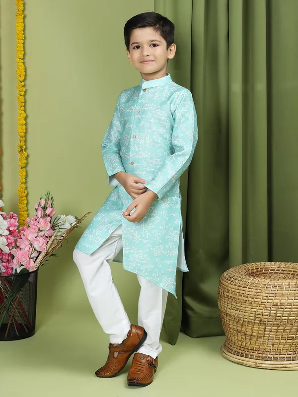 Blue_Cotton_Full_Sleeve_Regular_Fit_Printed_Blue_Kurta_Churidar_Set_For_Boy