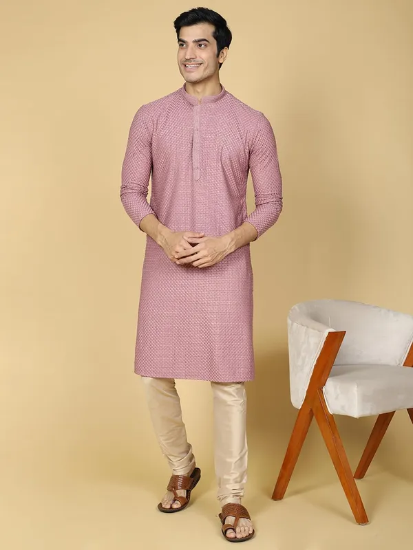 Purple_Cotton_Full_Sleeve_Regular_Fit_Chikankari_Embroidery_Kurta_For_Men