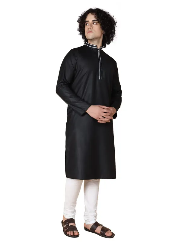 Black_Cotton_Full_Sleeves_Regular_Plain_Kurta_Churidar_Set_For_Men