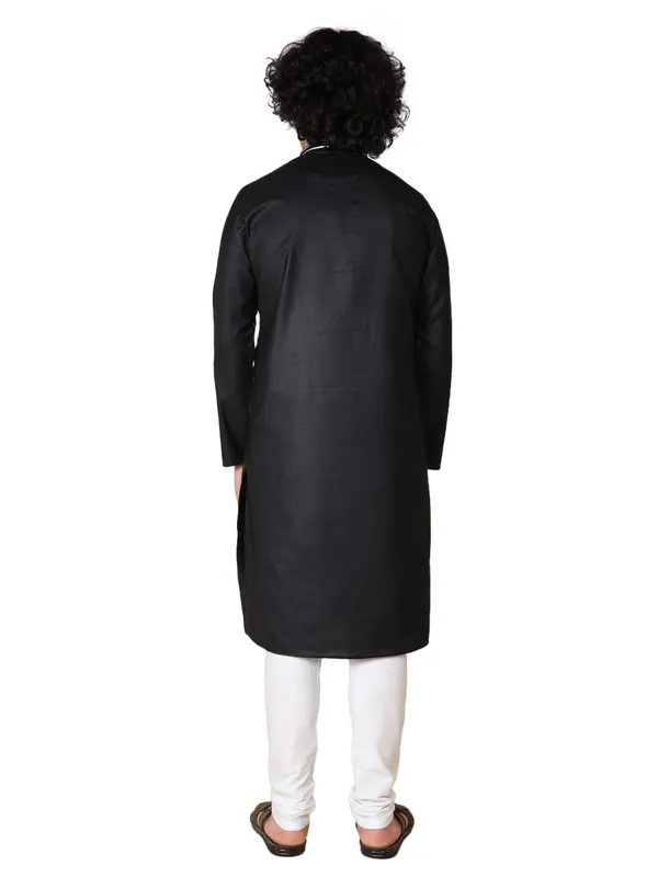Black_Cotton_Full_Sleeves_Regular_Plain_Kurta_Churidar_Set_For_Men