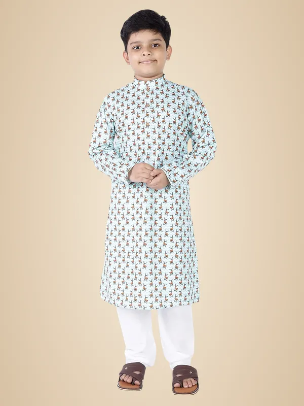 Green_Cotton_Full_Sleeve_Regular_Fit_Printed_Kurta_Churidar_For_Kids