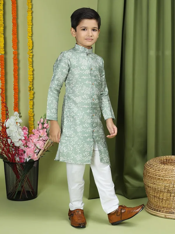 Green_Cotton_Full_Sleeve_Regular_Fit_Printed_Green_Kurta_Churidar_Set_For_Boy
