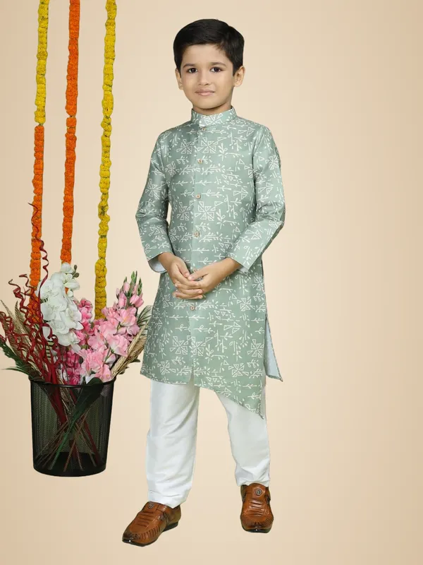 Green_Cotton_Full_Sleeve_Regular_Fit_Printed_Green_Kurta_Churidar_Set_For_Boy