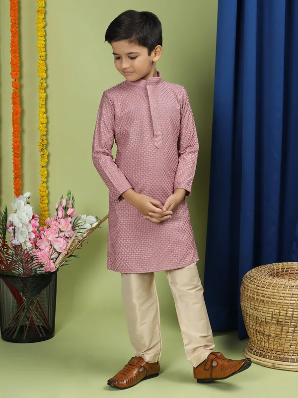 Purple_Cotton_Full_Sleeve_Regular_Fit_Embroidery_Purple_Kurta_Churidar_Set_For_Boy