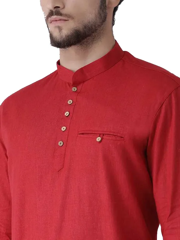 Red_Cotton_White_Full_Sleeve_Regular_Fit_Plain_Short_Kurta_For_Men