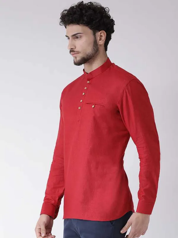 Red_Cotton_White_Full_Sleeve_Regular_Fit_Plain_Short_Kurta_For_Men
