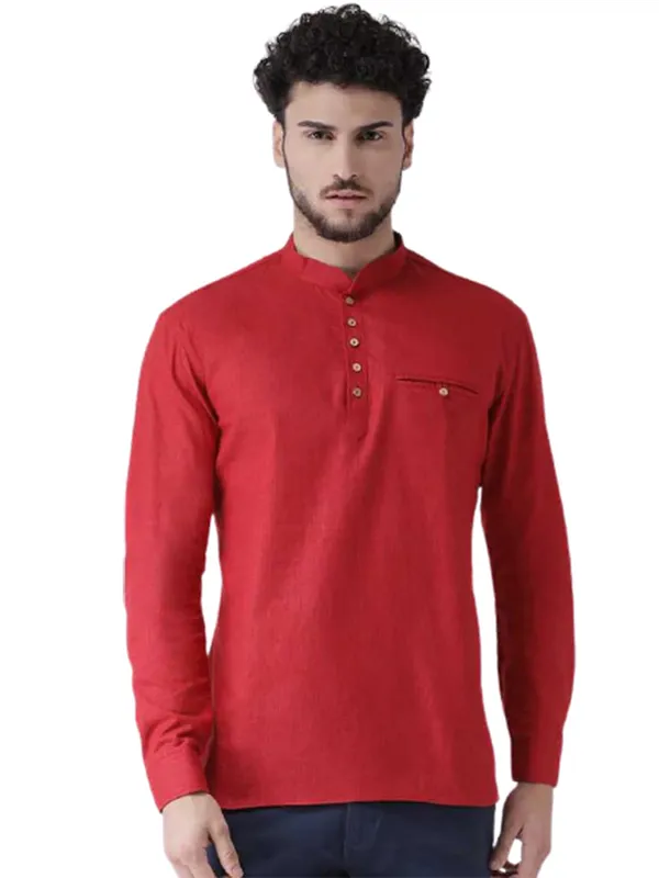 Red_Cotton_White_Full_Sleeve_Regular_Fit_Plain_Short_Kurta_For_Men