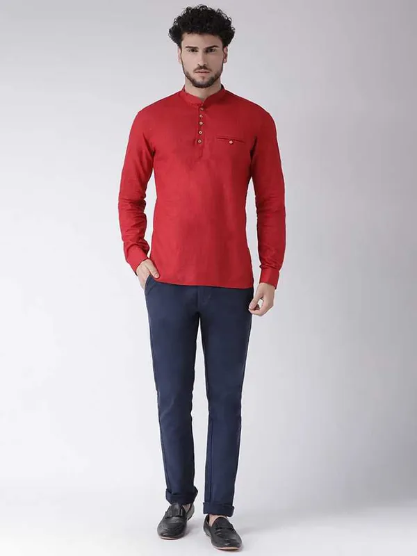 Red_Cotton_White_Full_Sleeve_Regular_Fit_Plain_Short_Kurta_For_Men