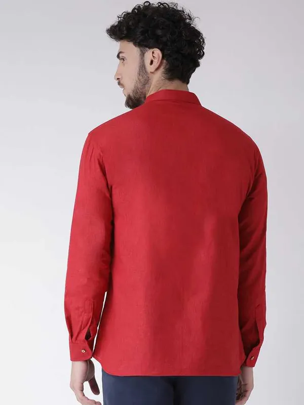 Red_Cotton_White_Full_Sleeve_Regular_Fit_Plain_Short_Kurta_For_Men