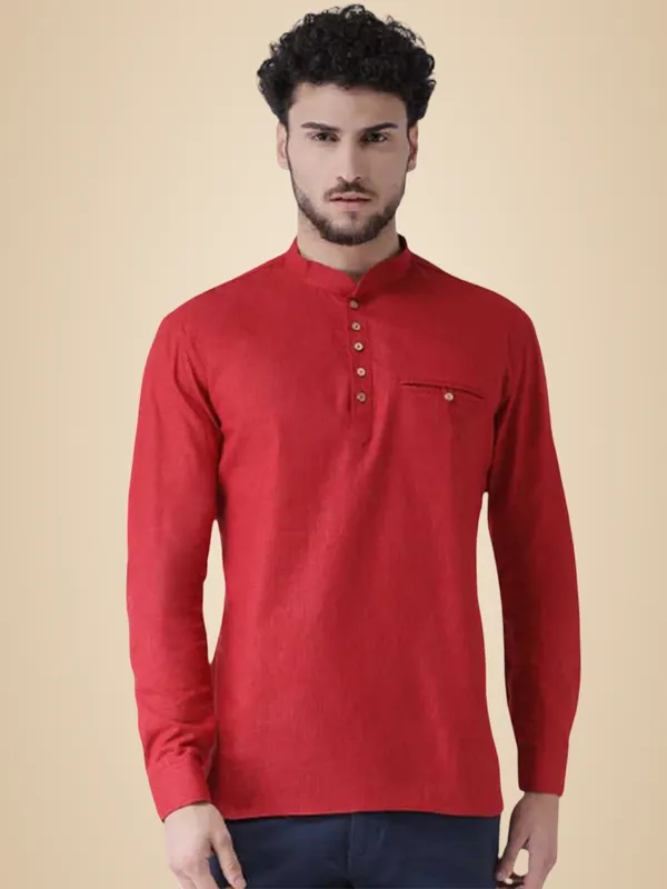 Red_Cotton_White_Full_Sleeve_Regular_Fit_Plain_Short_Kurta_For_Men