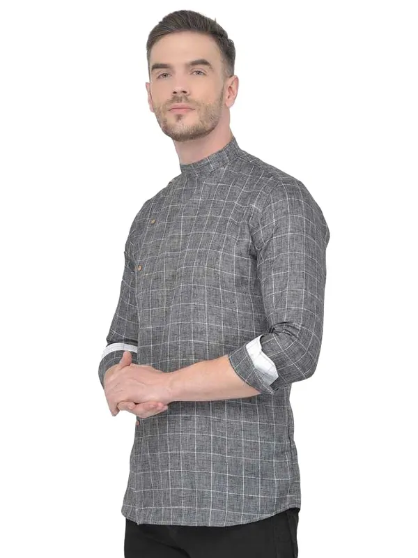 Grey_Cotton_Linen_Full_Sleeves_Regular_Checks_Short_Kurta_For_Men