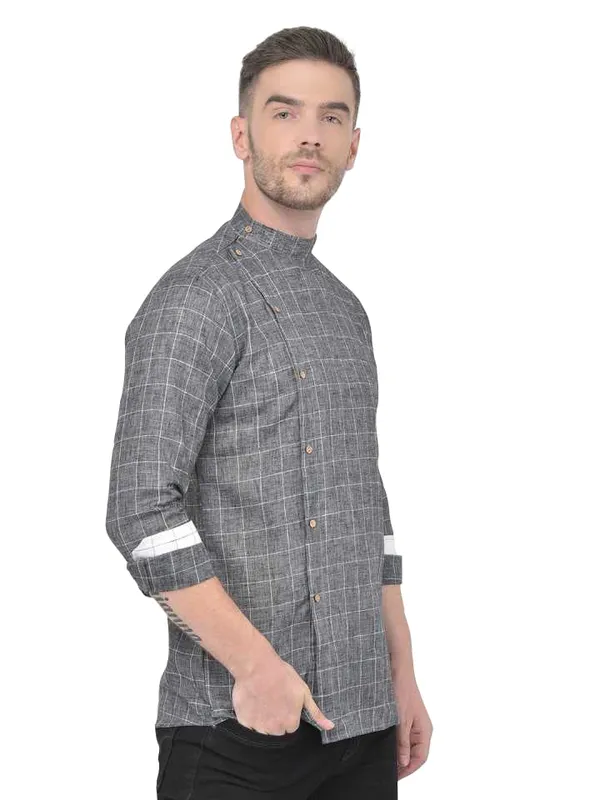 Grey_Cotton_Linen_Full_Sleeves_Regular_Checks_Short_Kurta_For_Men