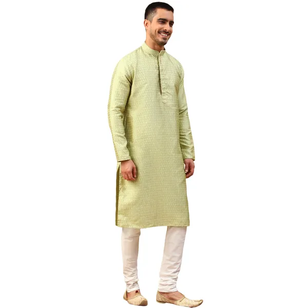 Green_Jacquard_Full_Sleeve_Regular_Fit_Printed_Kurta_For_Men
