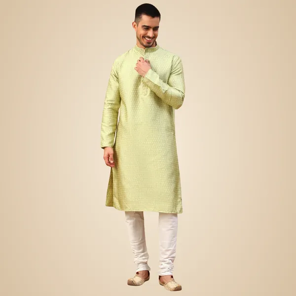 Green_Jacquard_Full_Sleeve_Regular_Fit_Printed_Kurta_For_Men