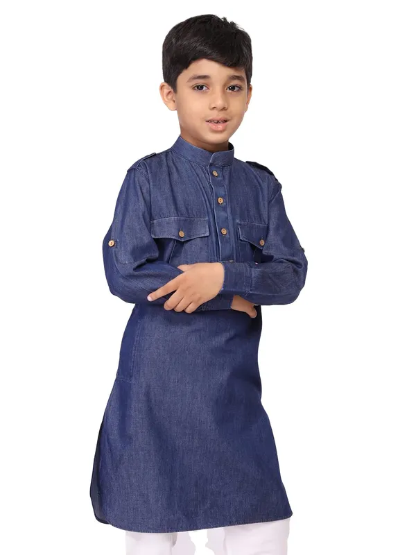 Blue_Denim_Blue_Full_Sleeve_Regular_Plain_Pathani_For_Kids