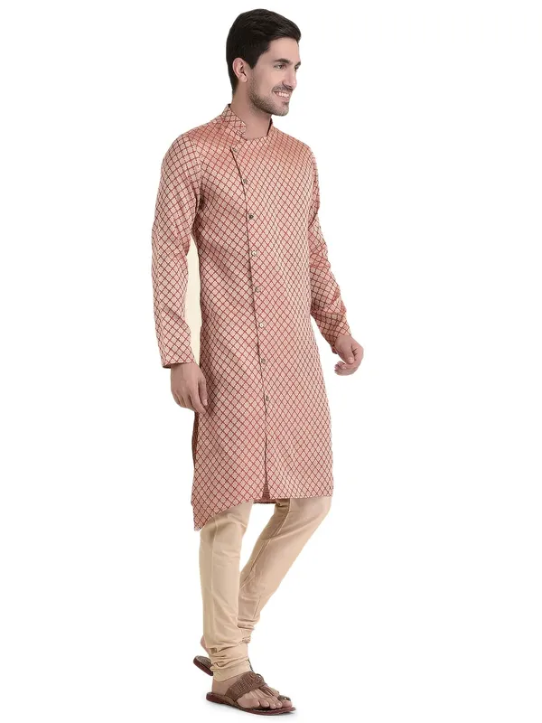 Maroon_Cotton_Grey_Full_Sleeves_Regular_Printed_Kurta_Churidar_Set_For_Men
