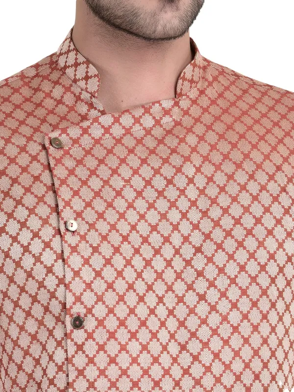 Maroon_Cotton_Grey_Full_Sleeves_Regular_Printed_Kurta_Churidar_Set_For_Men