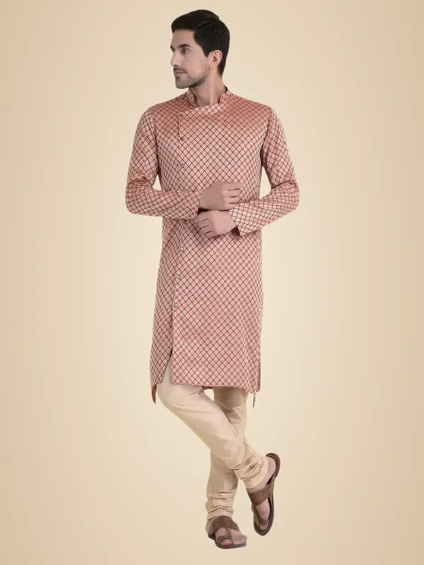 Maroon_Cotton_Grey_Full_Sleeves_Regular_Printed_Kurta_Churidar_Set_For_Men