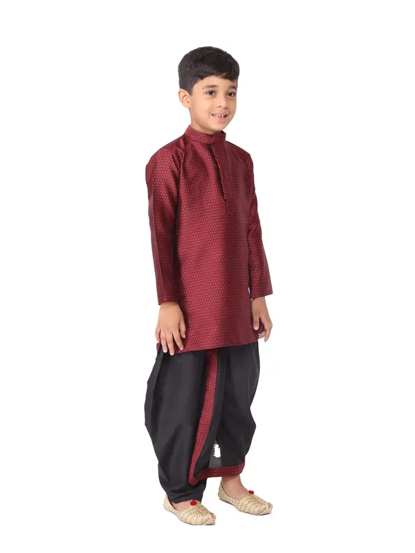 Maroon_Jacquard_Full_Sleeve_Regular_Fit_Printed_Kurta_Dhoti_Set_For_Kids