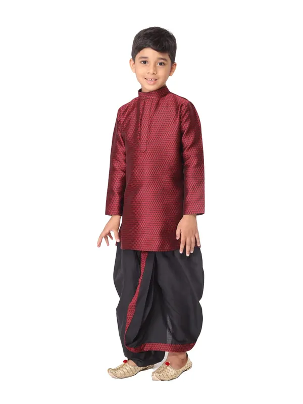 Maroon_Jacquard_Full_Sleeve_Regular_Fit_Printed_Kurta_Dhoti_Set_For_Kids