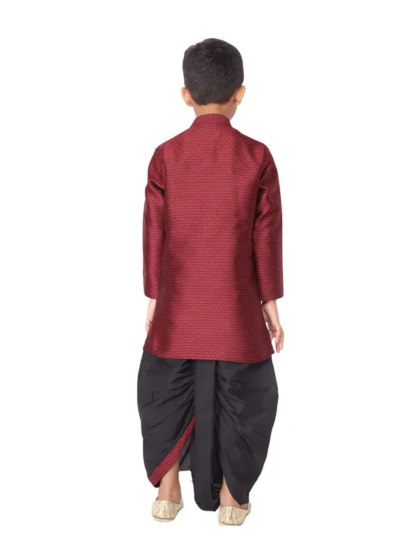 Maroon_Jacquard_Full_Sleeve_Regular_Fit_Printed_Kurta_Dhoti_Set_For_Kids