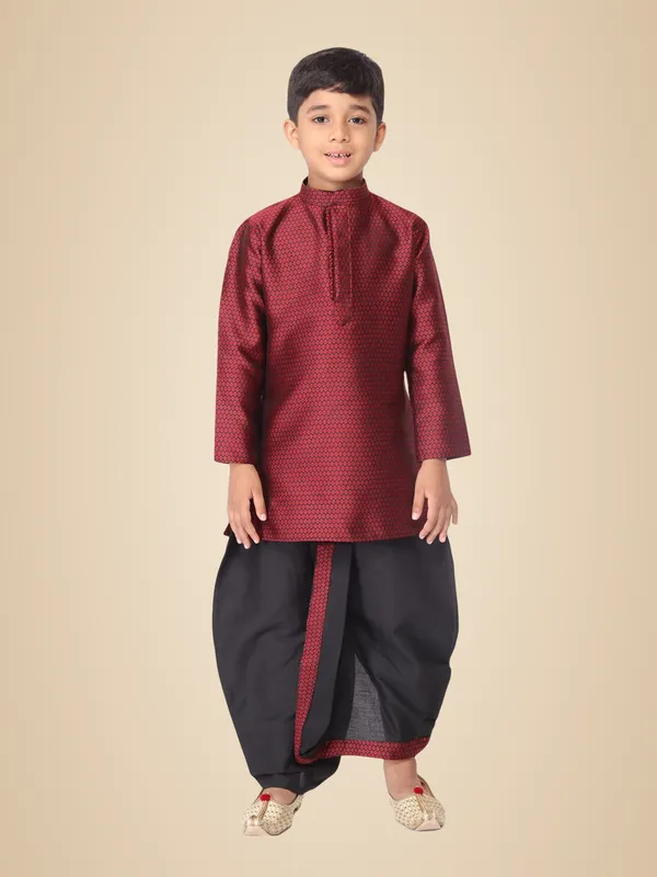 Maroon_Jacquard_Full_Sleeve_Regular_Fit_Printed_Kurta_Dhoti_Set_For_Kids